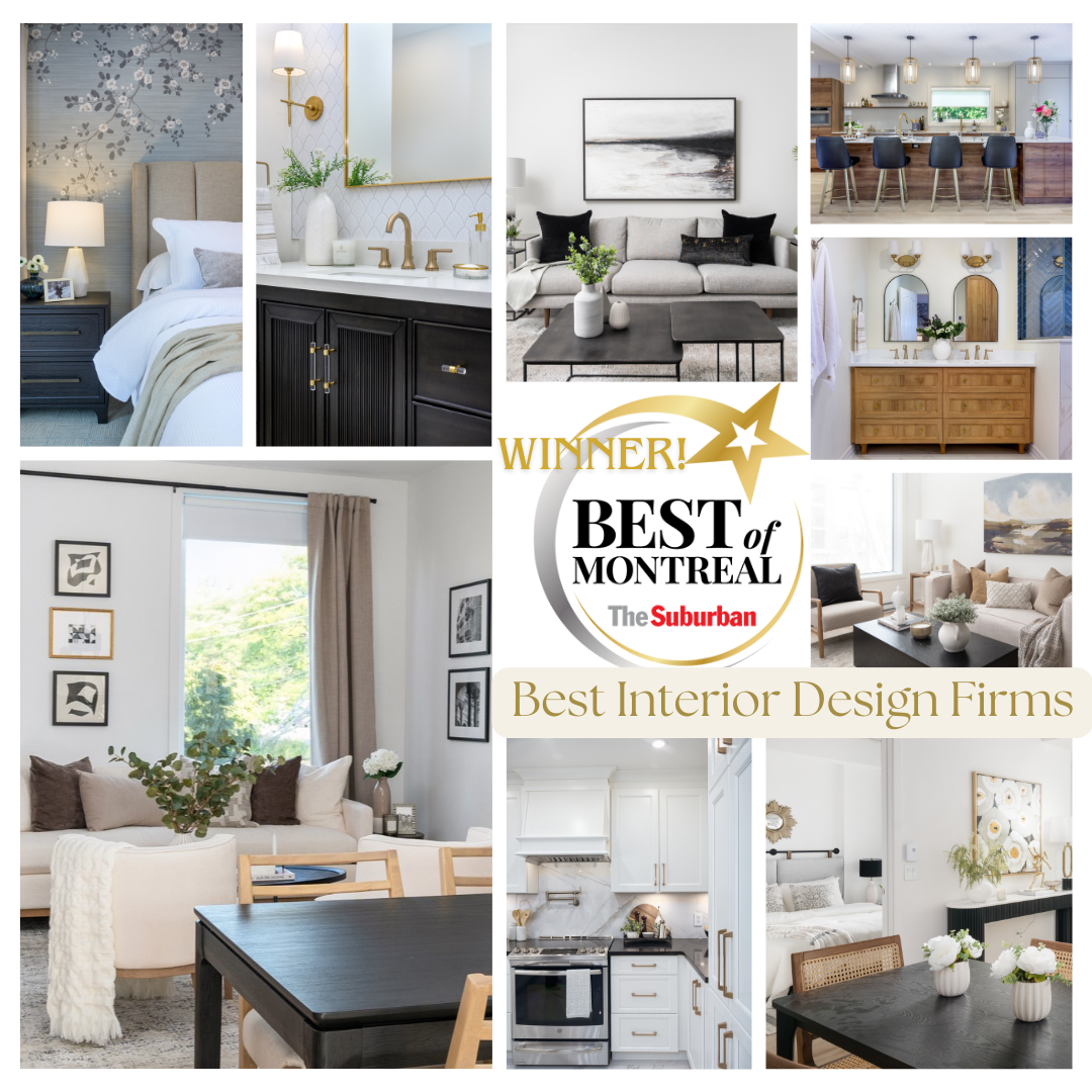 Collage of different rooms showcasing work of an award-winning and top rated interior design studio in Montreal, Canada