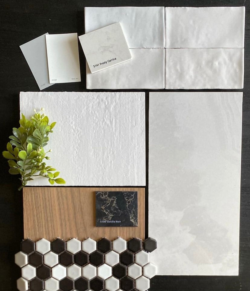 Kitchen and bathroom materials selections flatlay moodboard