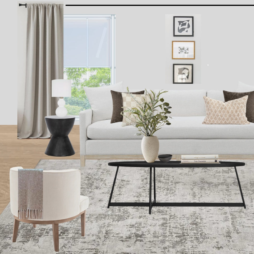 Modern living room with a white sofa, armchair, and coffee table.  3D view, realiistic room moodboard